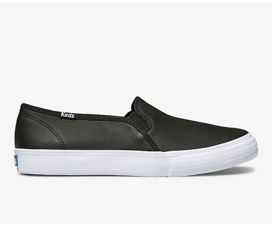 Women's Keds Double Decker Leather Slip On Shoes Black | SYZX34196