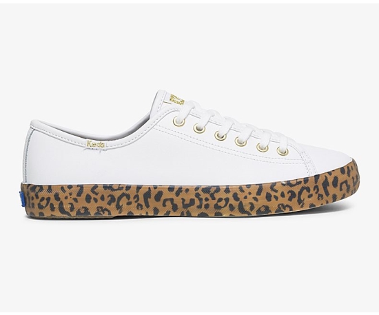 Women's Keds Kickstart Leather Leopard Foxing Lace Up Shoes White Brown | MCSU06158