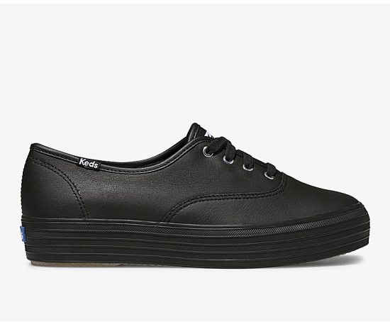 Women's Keds Triple Leather Lace Up Shoes Black | QFNW93814