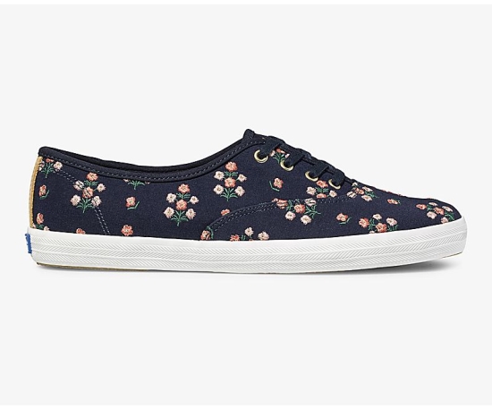 Women's Keds x Rifle Paper Co Champion Posy Embroidered Lace Up Shoes Navy | PVER87095