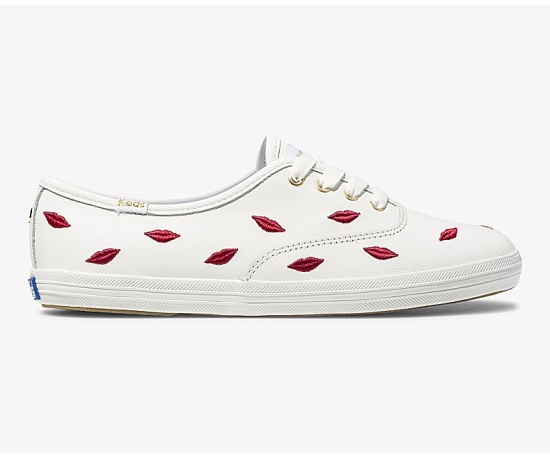 Women's Keds x kate spade new york Champion Leather Embroidered Lips Lace Up Shoes Multicolor White